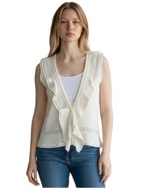 J. J. Basics Cream Ruffle-Front Sleeveless Knit Vest Top Mohair Blend S